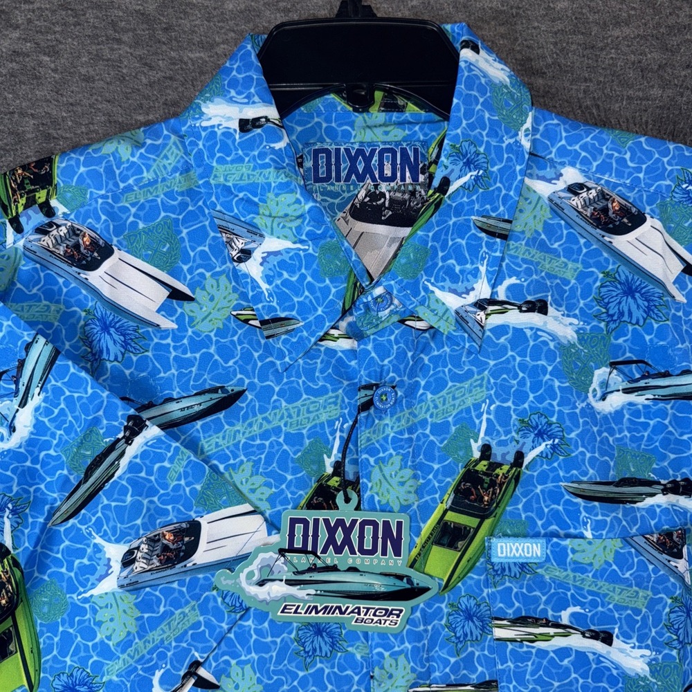Dixxon X Eliminator Boats Men Party Shirt Short Sleeve Button Up Stretch XL NEW